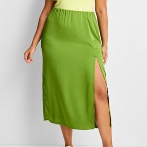 A New Day Green Satin Midi Skirt